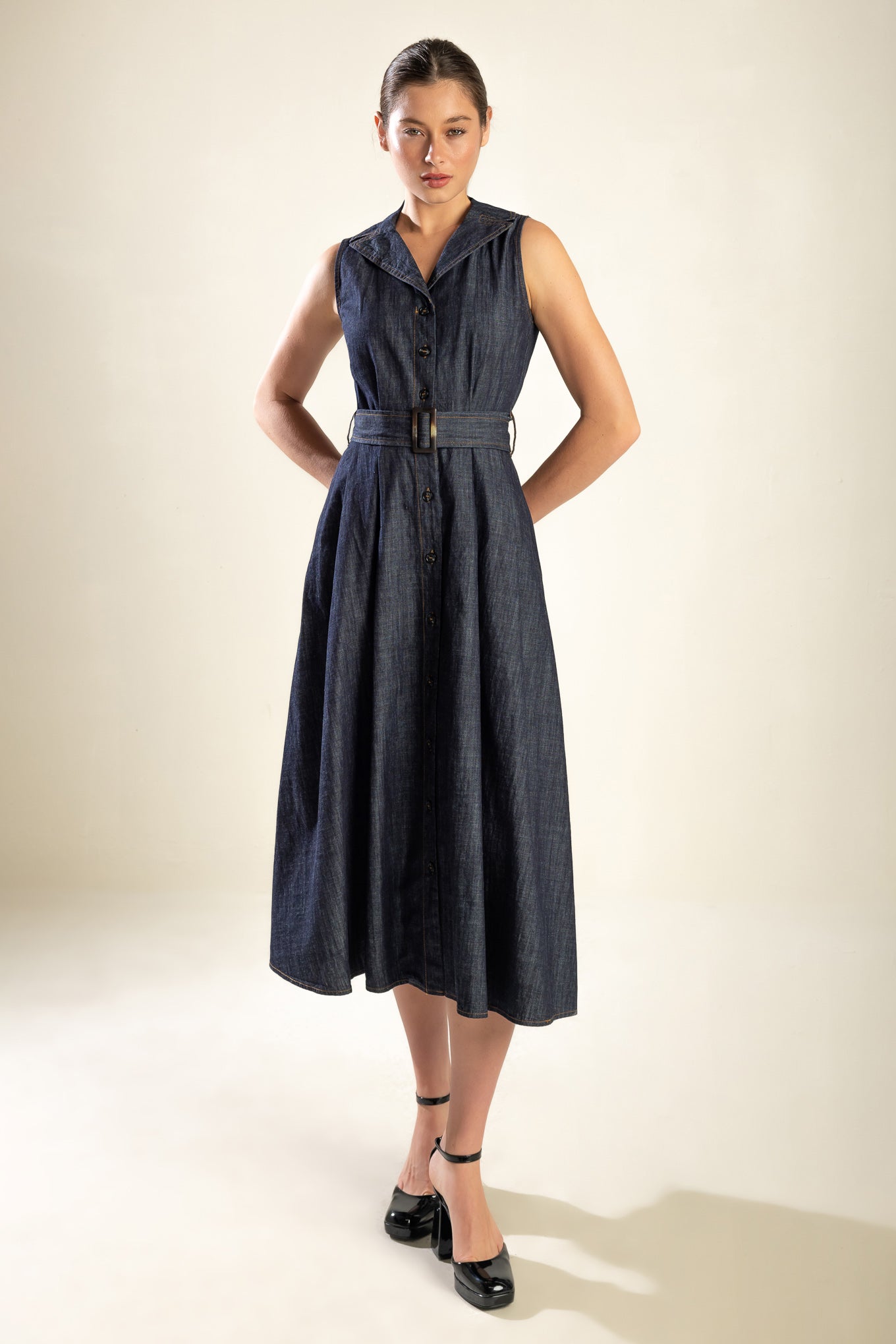 OASIS OF CALM RIGID DENIM MIDI DRESS Flying Tomato